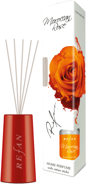 Perfume de casa Moroccan Rose con tiras reactivas de ratán