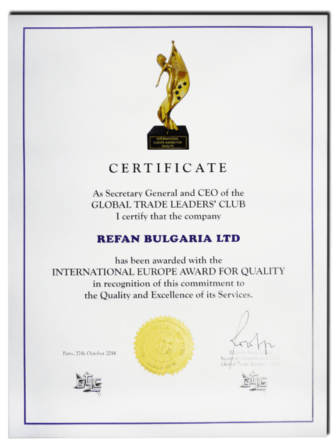 Refan Bulgaria S.L. ha recibido el premio internacional europeo de calidad.