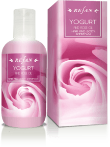 Yogur y aceite de rosa Champu para el cuerpo y el cabello